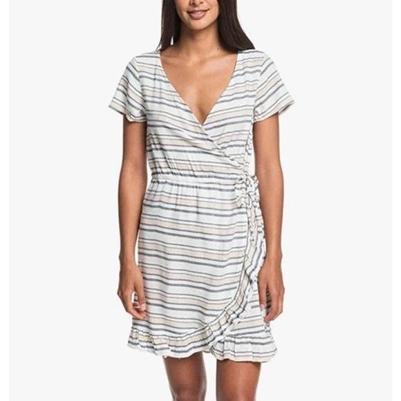 Roxy Dresses & Skirts - Roxy Womens Sun Dreamer Season Wrap Dress M Striped Surplice V-Neck Short Sleeve